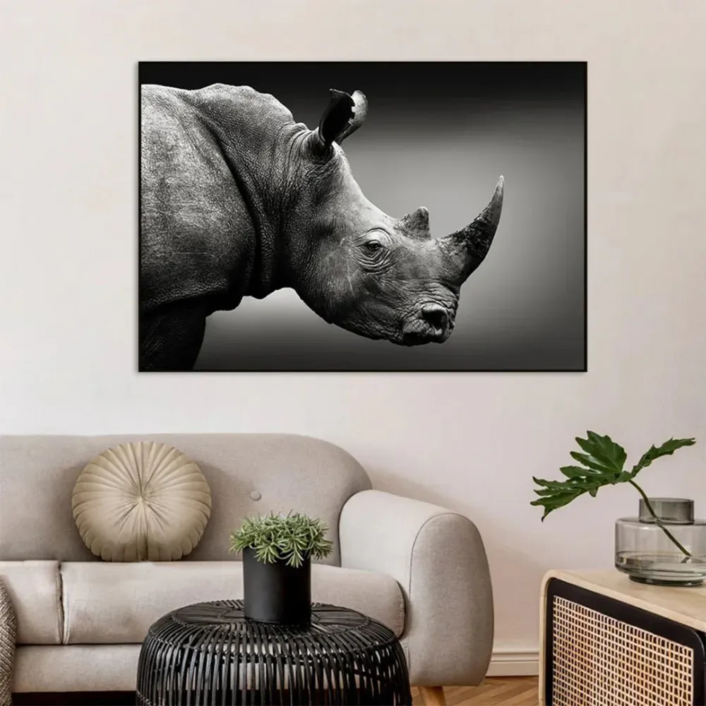 Monochromatic Rhino Portrait Canvas Painting With Floating Frame