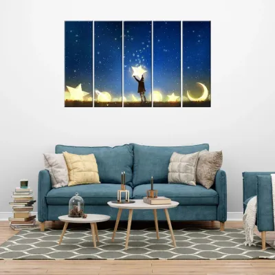 Moon and Stars Fantasy 5 Pieces Canvas Print Wall Painting