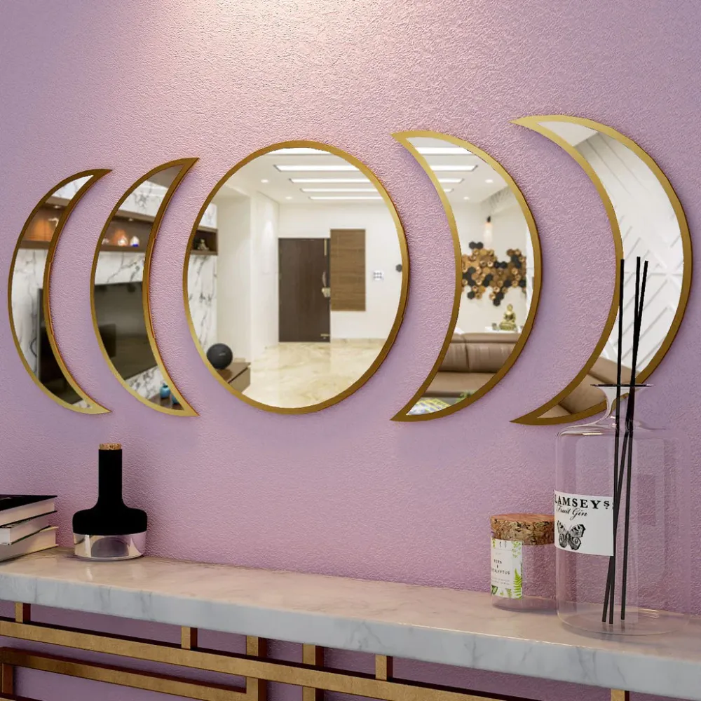 Moon Cycle Designer Mirrors (Set of 5) in Golden Finish Frame