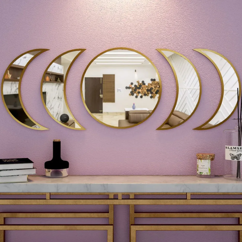 Moon Cycle Designer Mirrors (Set of 5) in Golden Finish Frame