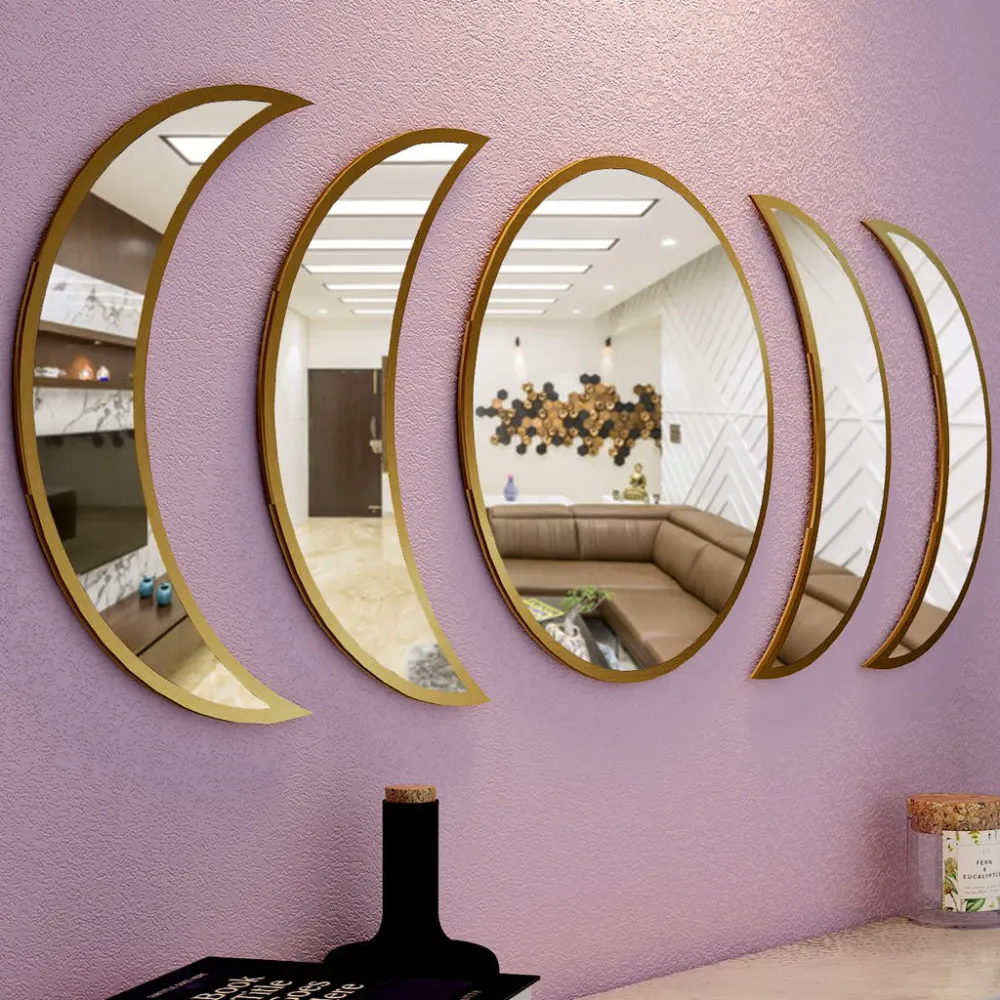 Moon Cycle Designer Mirrors (Set of 5) in Golden Finish Frame