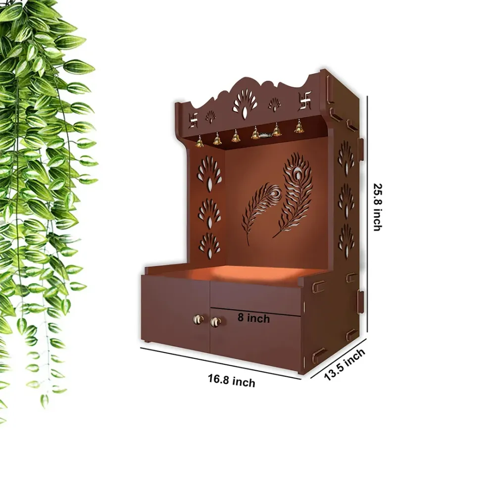 Mor Pankh Brown Wooden Temple for Home with Inbuilt Focus Light &amp; Spacious Shelf