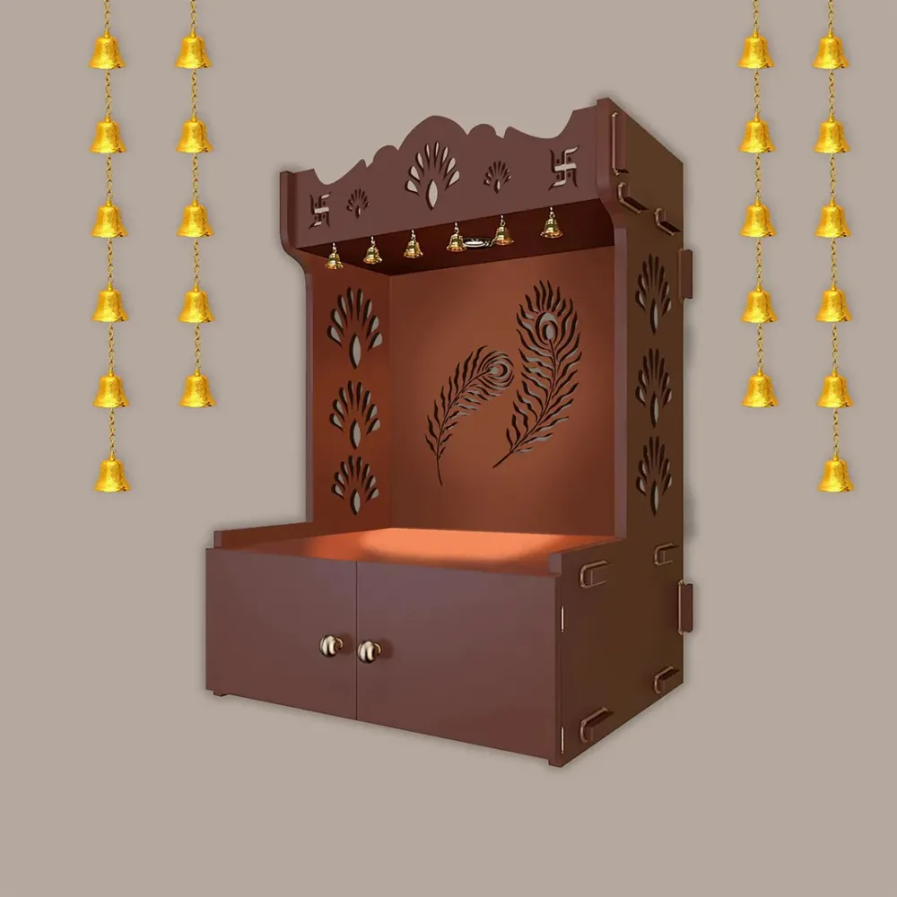 Mor Pankh Brown Wooden Temple for Home with Inbuilt Focus Light &amp; Spacious Shelf