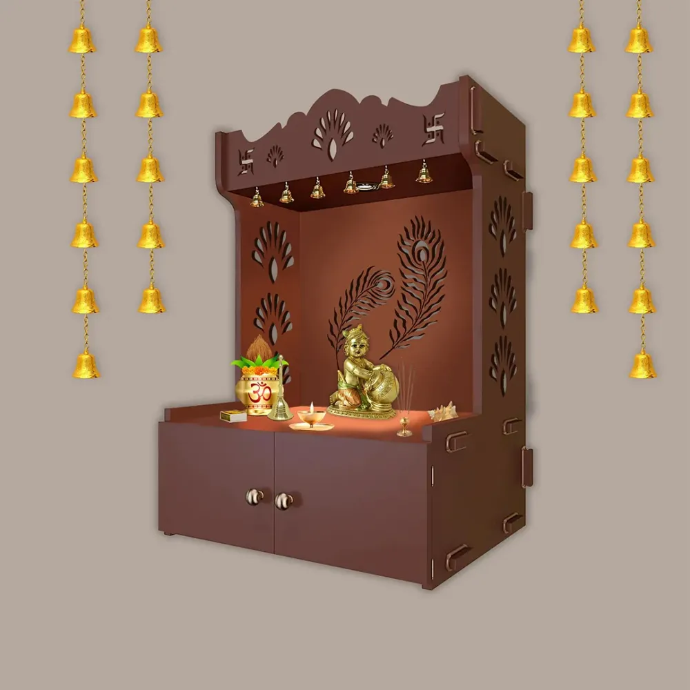 Mor Pankh Brown Wooden Temple for Home with Inbuilt Focus Light &amp; Spacious Shelf