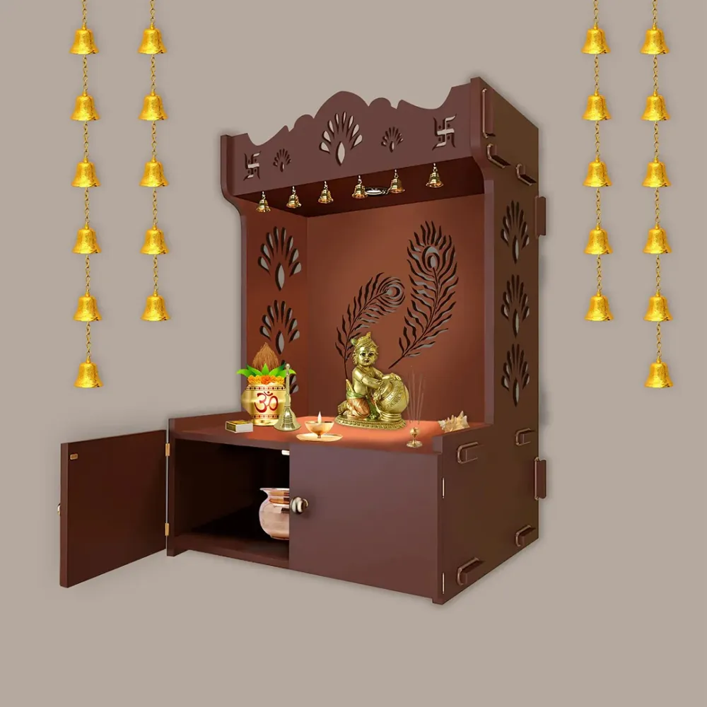 Mor Pankh Brown Wooden Temple for Home with Inbuilt Focus Light &amp; Spacious Shelf