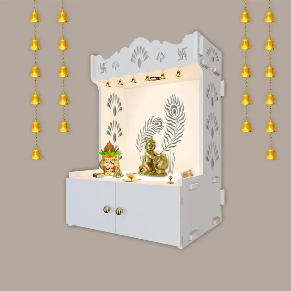 Mor Pankh White Wooden Temple for Home with Inbuilt Focus Light &amp; Spacious Shelf