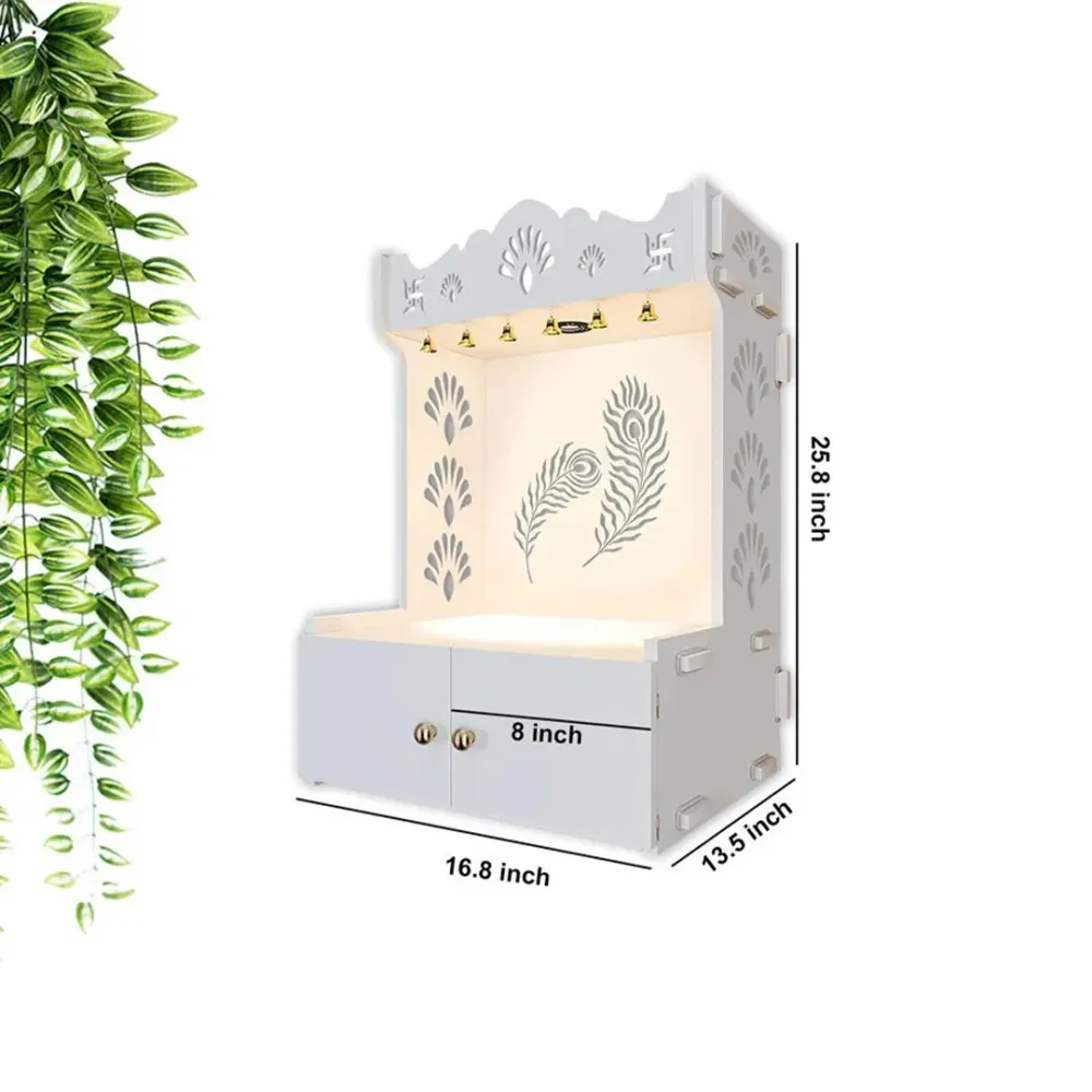 Mor Pankh White Wooden Temple for Home with Inbuilt Focus Light &amp; Spacious Shelf