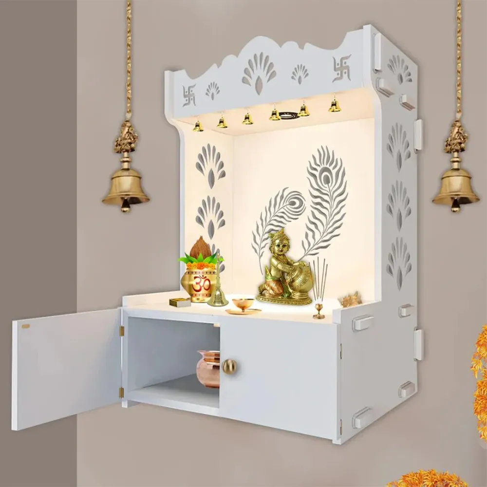 Mor Pankh White Wooden Temple for Home with Inbuilt Focus Light &amp; Spacious Shelf