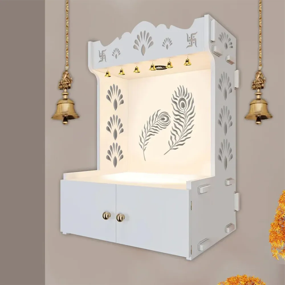 Mor Pankh White Wooden Temple for Home with Inbuilt Focus Light &amp; Spacious Shelf