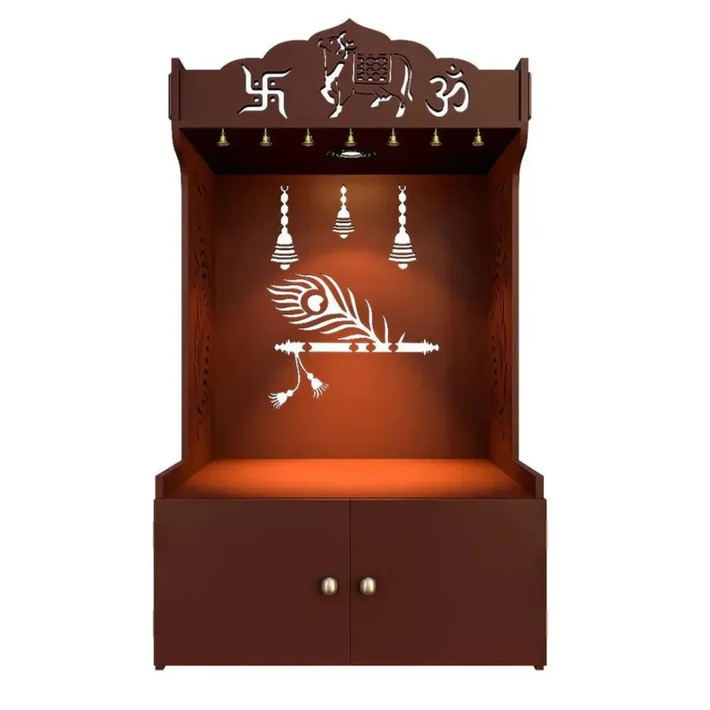 Mor Pankh Wooden Floor Temple With Spacious Shelf &amp; Inbuilt Focus Light- Brown