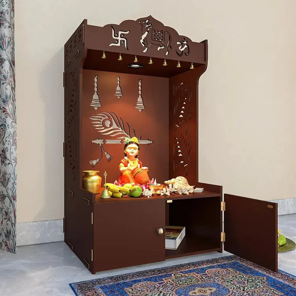Mor Pankh Wooden Floor Temple With Spacious Shelf &amp; Inbuilt Focus Light- Brown