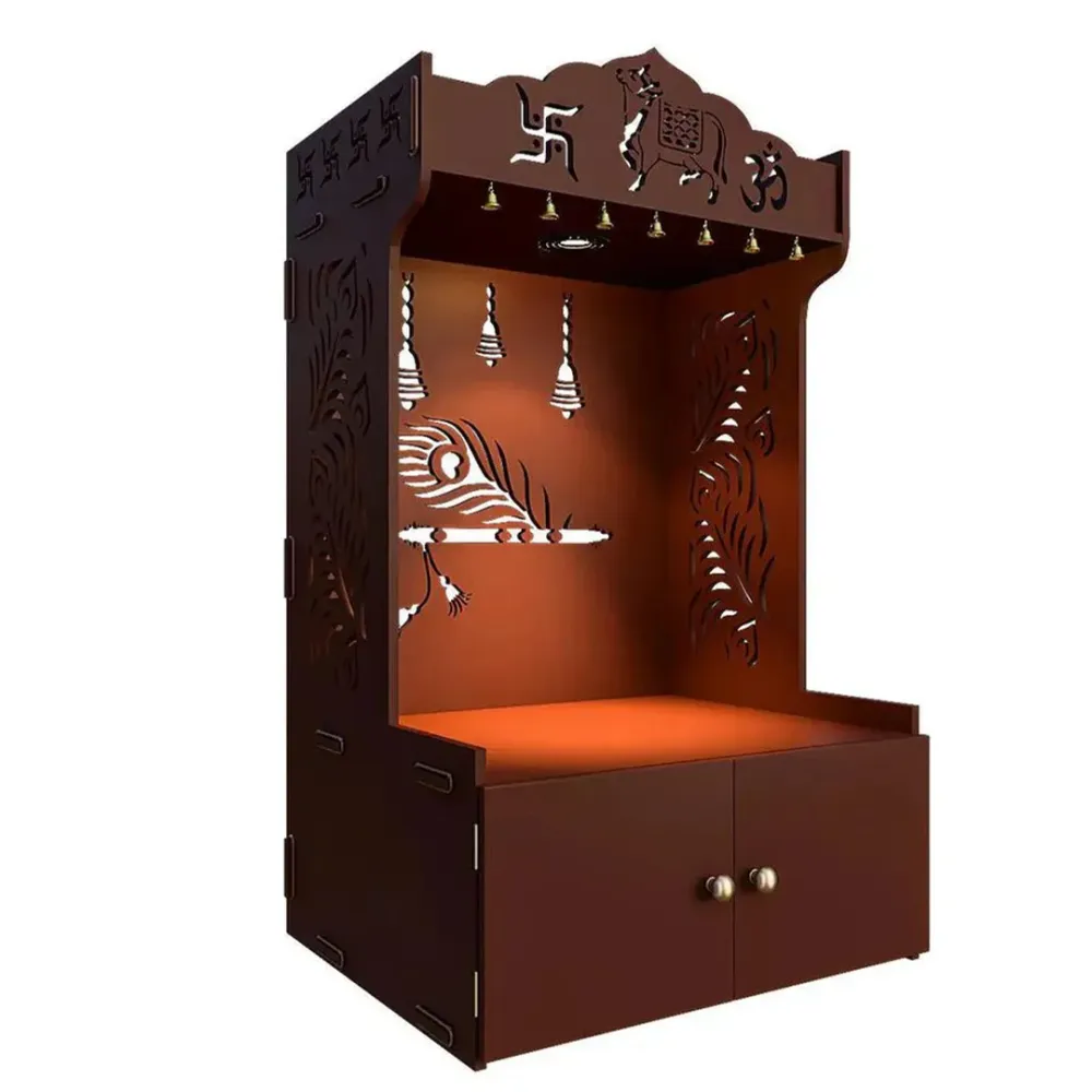 Mor Pankh Wooden Floor Temple With Spacious Shelf &amp; Inbuilt Focus Light- Brown