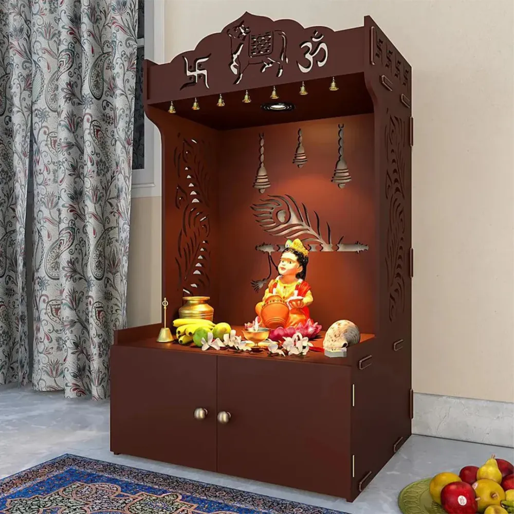 Mor Pankh Wooden Floor Temple With Spacious Shelf &amp; Inbuilt Focus Light- Brown
