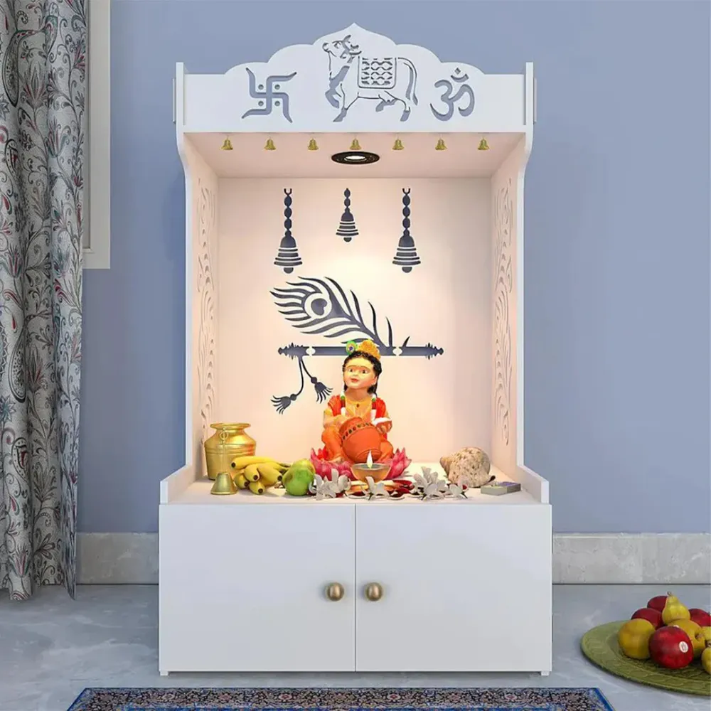 Mor Pankh Wooden Floor Temple With Spacious Shelf &amp; Inbuilt Focus Light - White