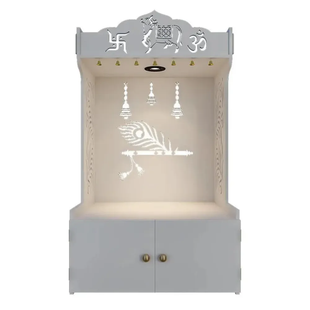 Mor Pankh Wooden Floor Temple With Spacious Shelf &amp; Inbuilt Focus Light - White