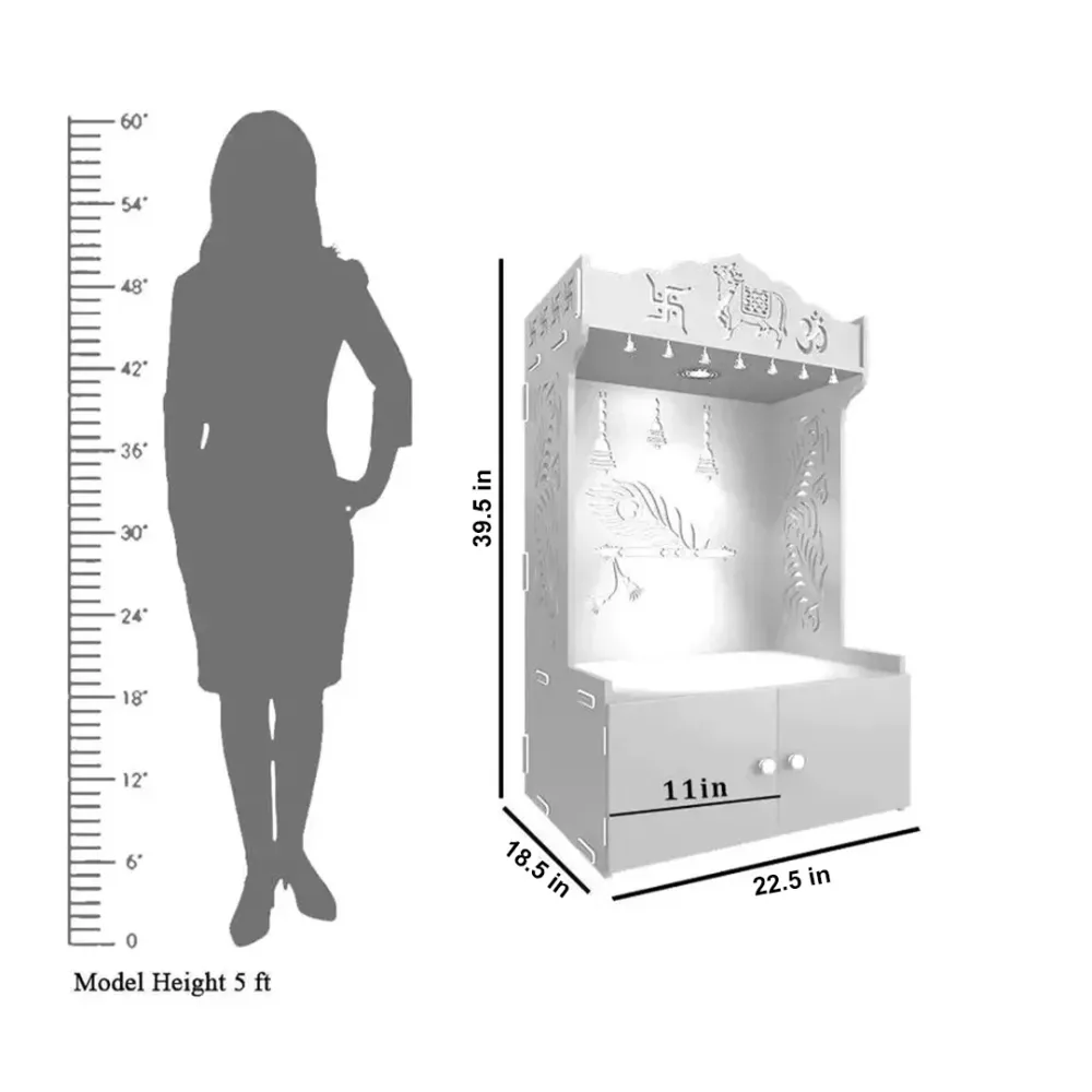 Mor Pankh Wooden Floor Temple With Spacious Shelf &amp; Inbuilt Focus Light - White