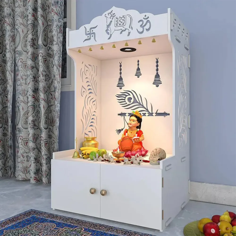Mor Pankh Wooden Floor Temple With Spacious Shelf &amp; Inbuilt Focus Light - White