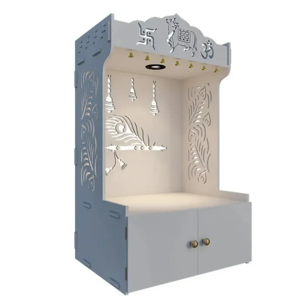 Mor Pankh Wooden Floor Temple With Spacious Shelf &amp; Inbuilt Focus Light - White