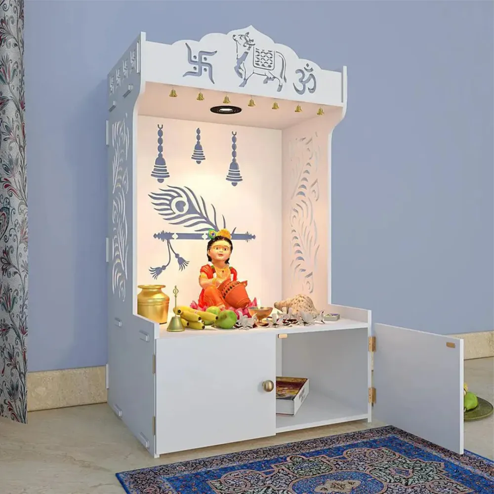 Mor Pankh Wooden Floor Temple With Spacious Shelf &amp; Inbuilt Focus Light - White