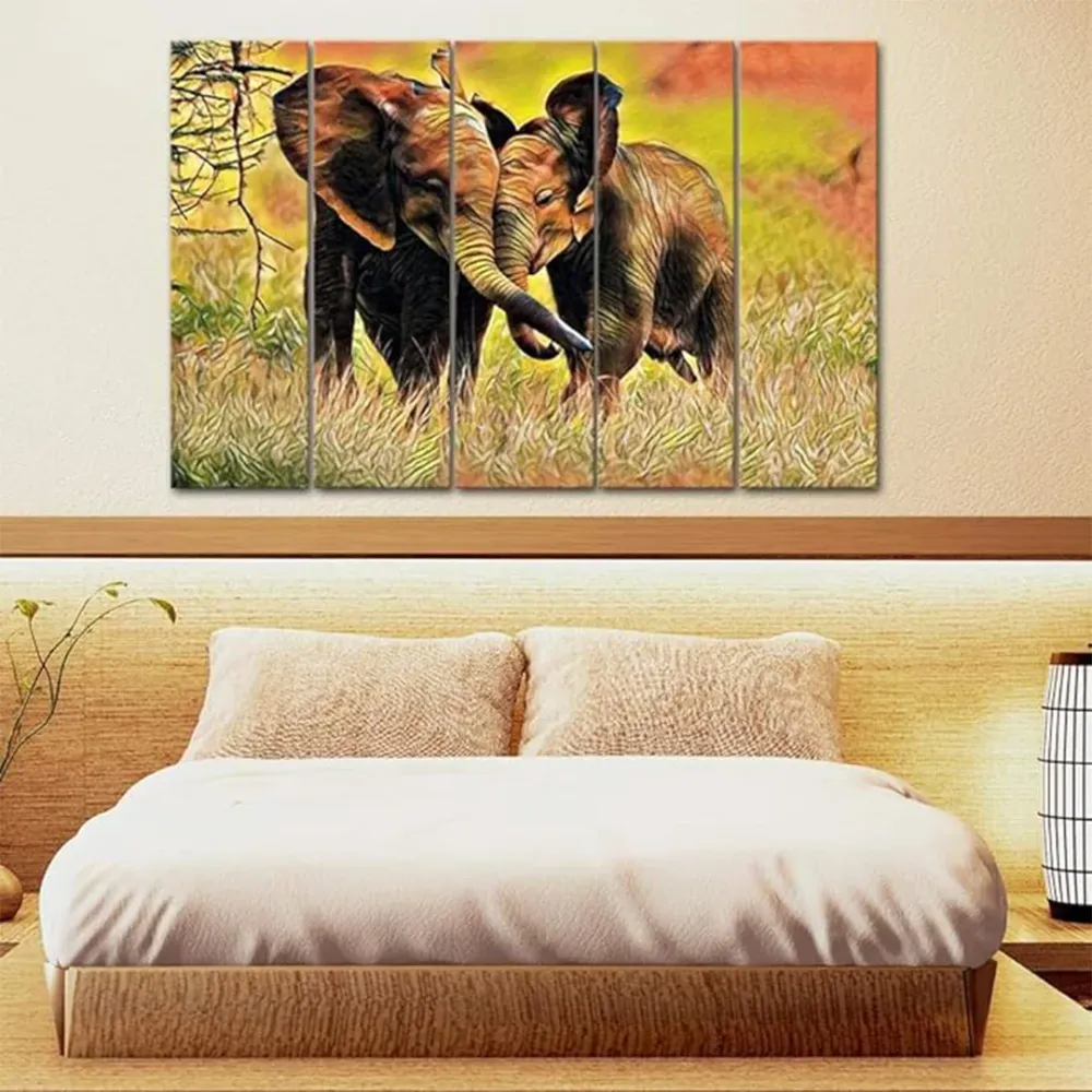 Mother and Baby Elephant in Forest Canvas Wall Painting