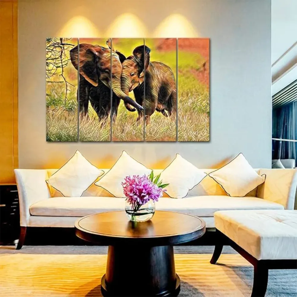 Mother and Baby Elephant in Forest Canvas Wall Painting