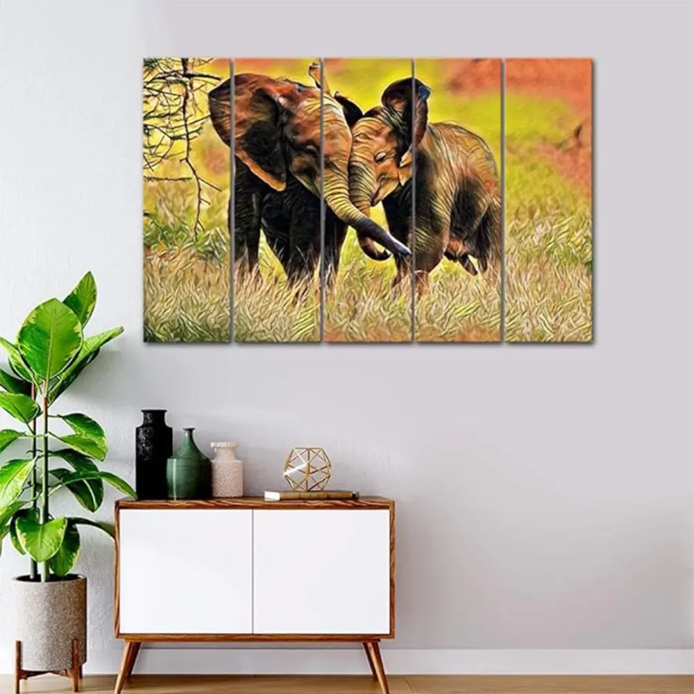 Mother and Baby Elephant in Forest Canvas Wall Painting