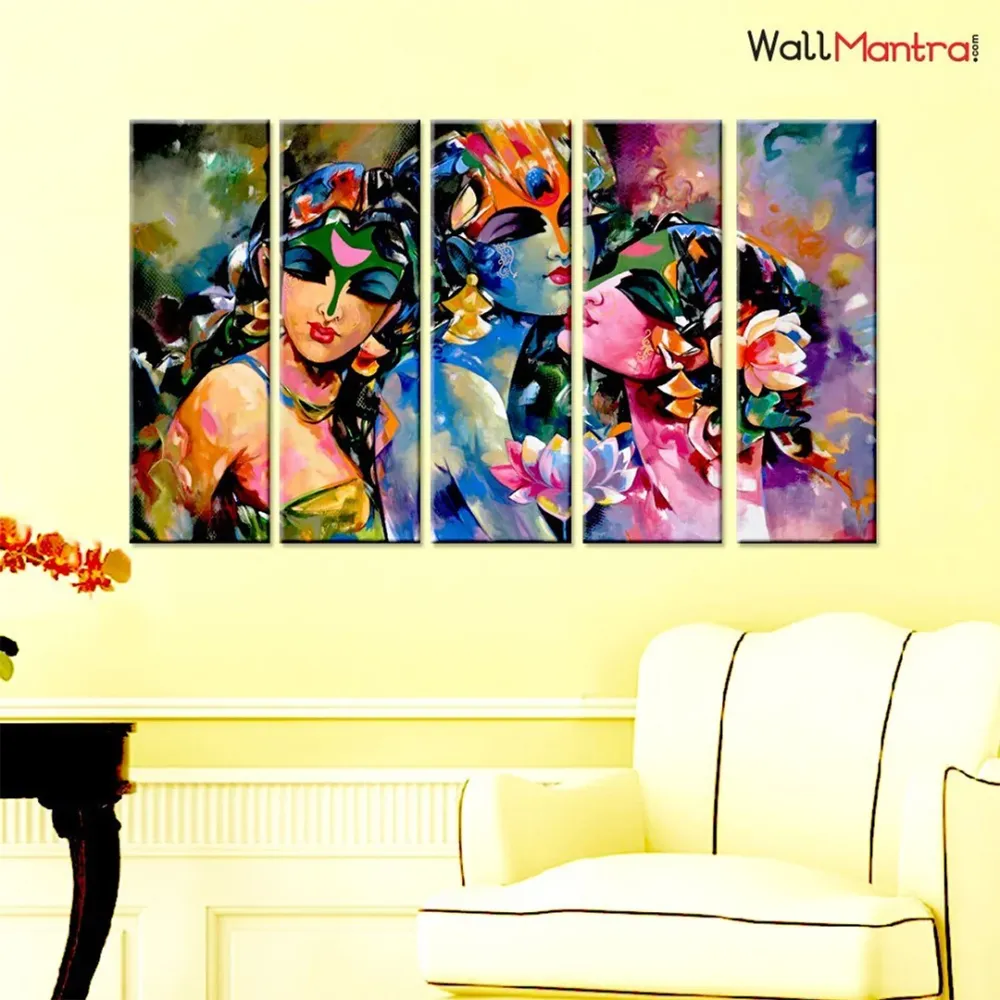 Multicolor Radha Krishna Gopis Canvas Print Wall Painting Stretched and Framed on Wood