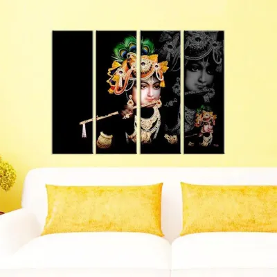 Multicolour Krishna with Flute Spiritual Canvas Print 4 Pieces Wall Painting