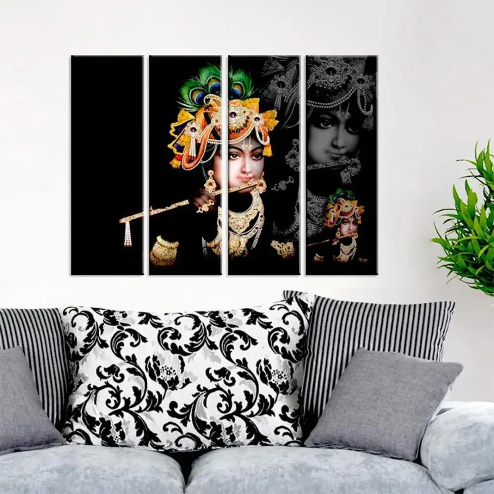 Multicolour Krishna with Flute Spiritual Canvas Print 4 Pieces Wall Painting