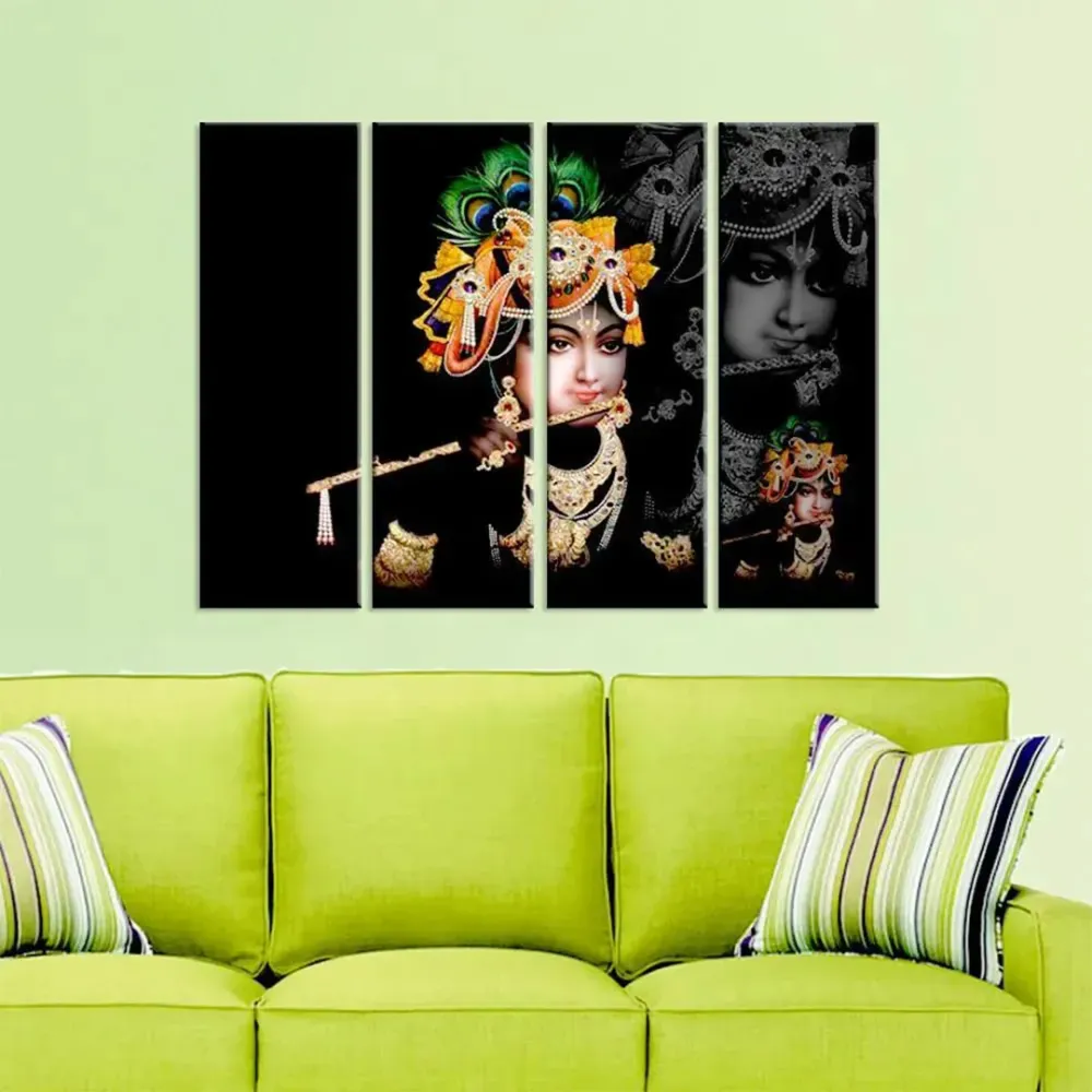 Multicolour Krishna with Flute Spiritual Canvas Print 4 Pieces Wall Painting