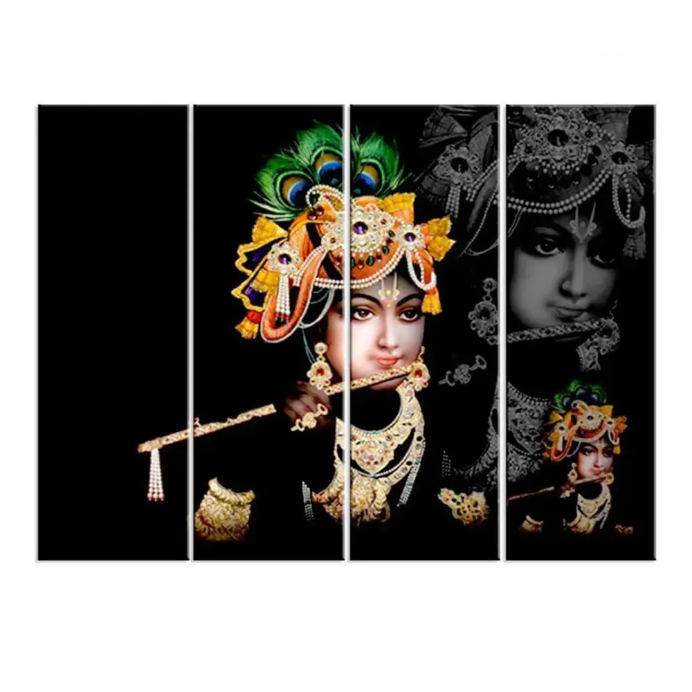 Multicolour Krishna with Flute Spiritual Canvas Print 4 Pieces Wall Painting