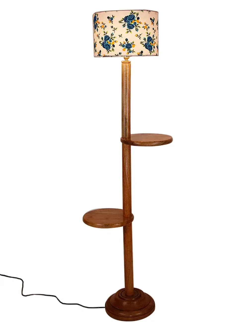 Natural Wood Dual Table Floor Lamp With Blue Shade