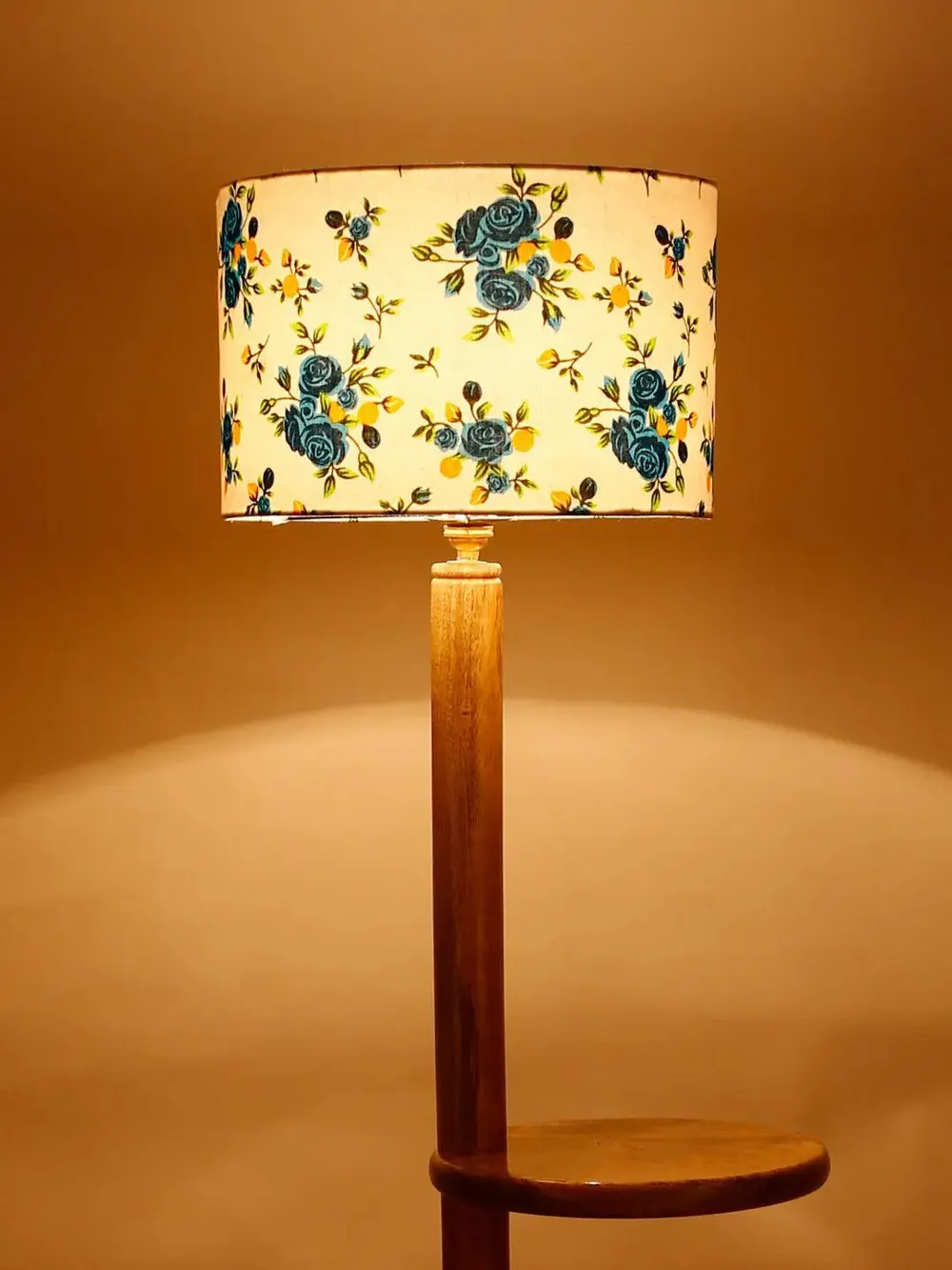 Natural Wood Dual Table Floor Lamp With Blue Shade