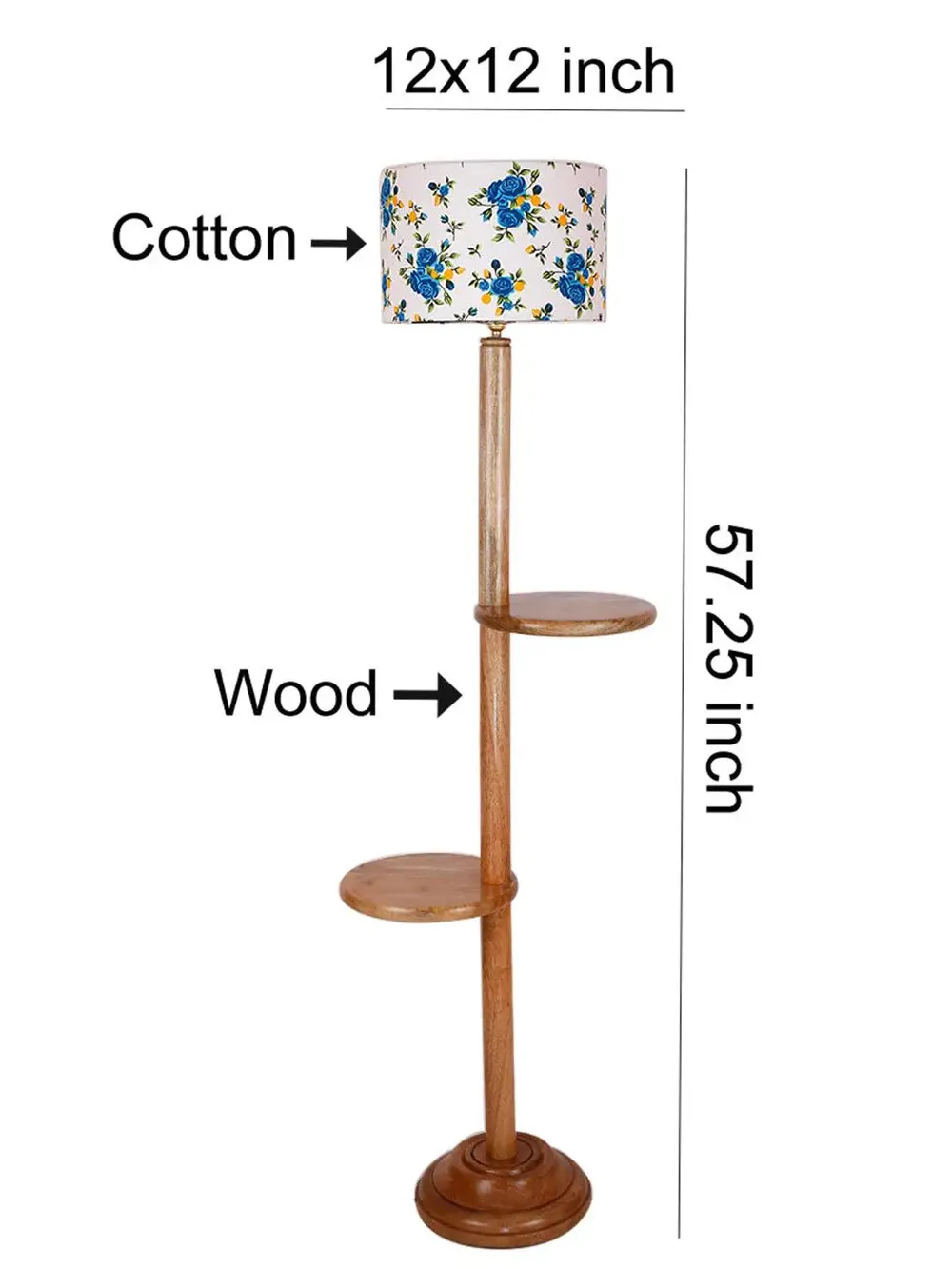 Natural Wood Dual Table Floor Lamp With Blue Shade