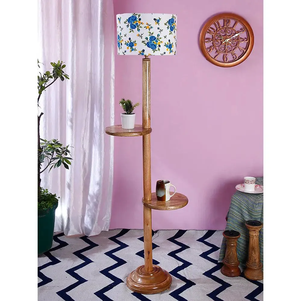 Natural Wood Dual Table Floor Lamp With Blue Shade