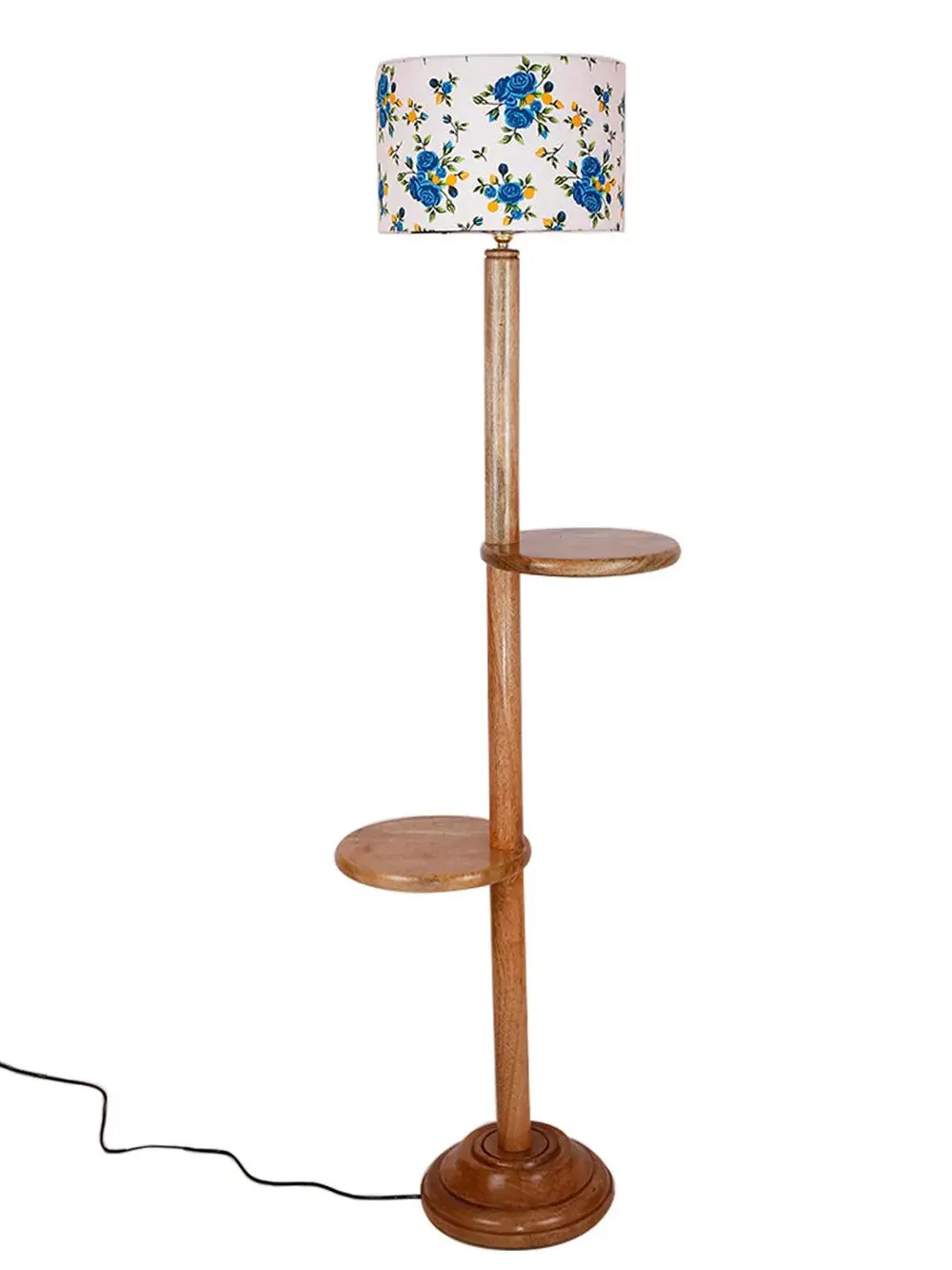 Natural Wood Dual Table Floor Lamp With Blue Shade