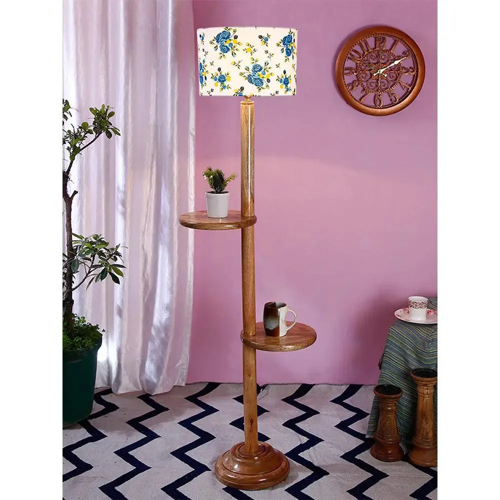Natural Wood Dual Table Floor Lamp With Blue Shade