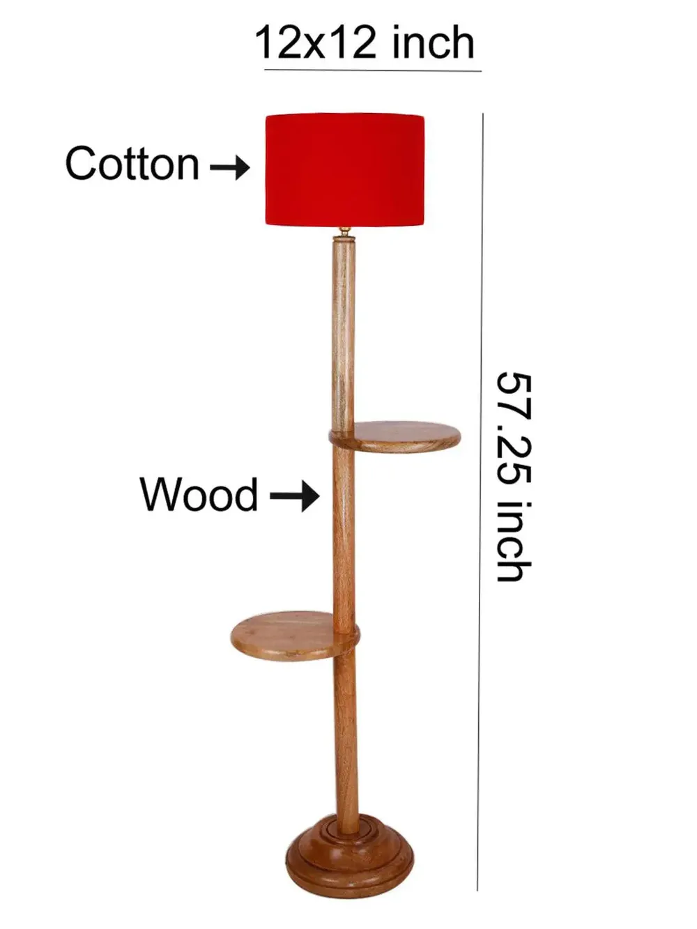 Natural Wood Dual Table Floor Lamp With Cotton Shade Red