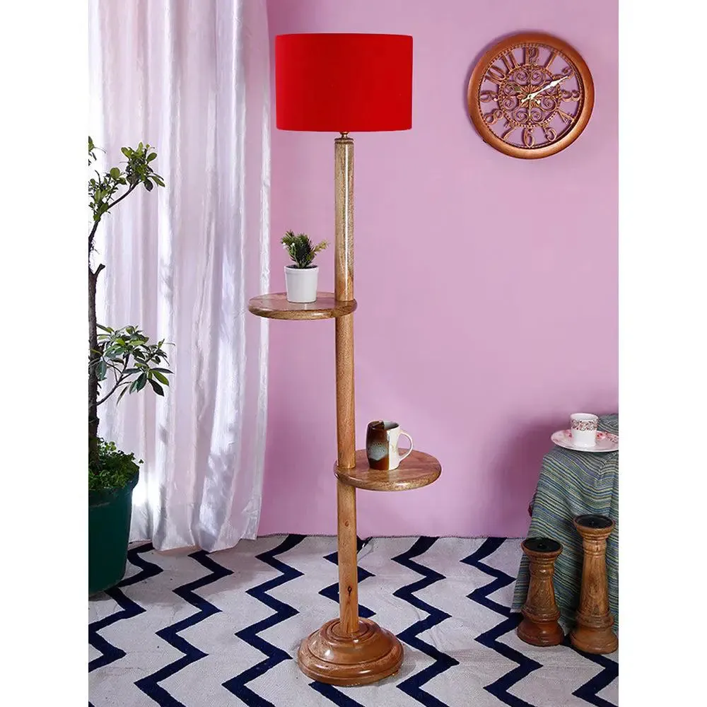 Natural Wood Dual Table Floor Lamp With Cotton Shade Red