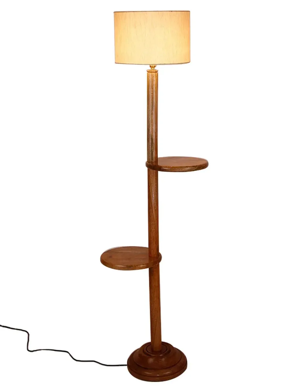 Natural Wood Dual Table Floor Lamp With Cotton Shade Red