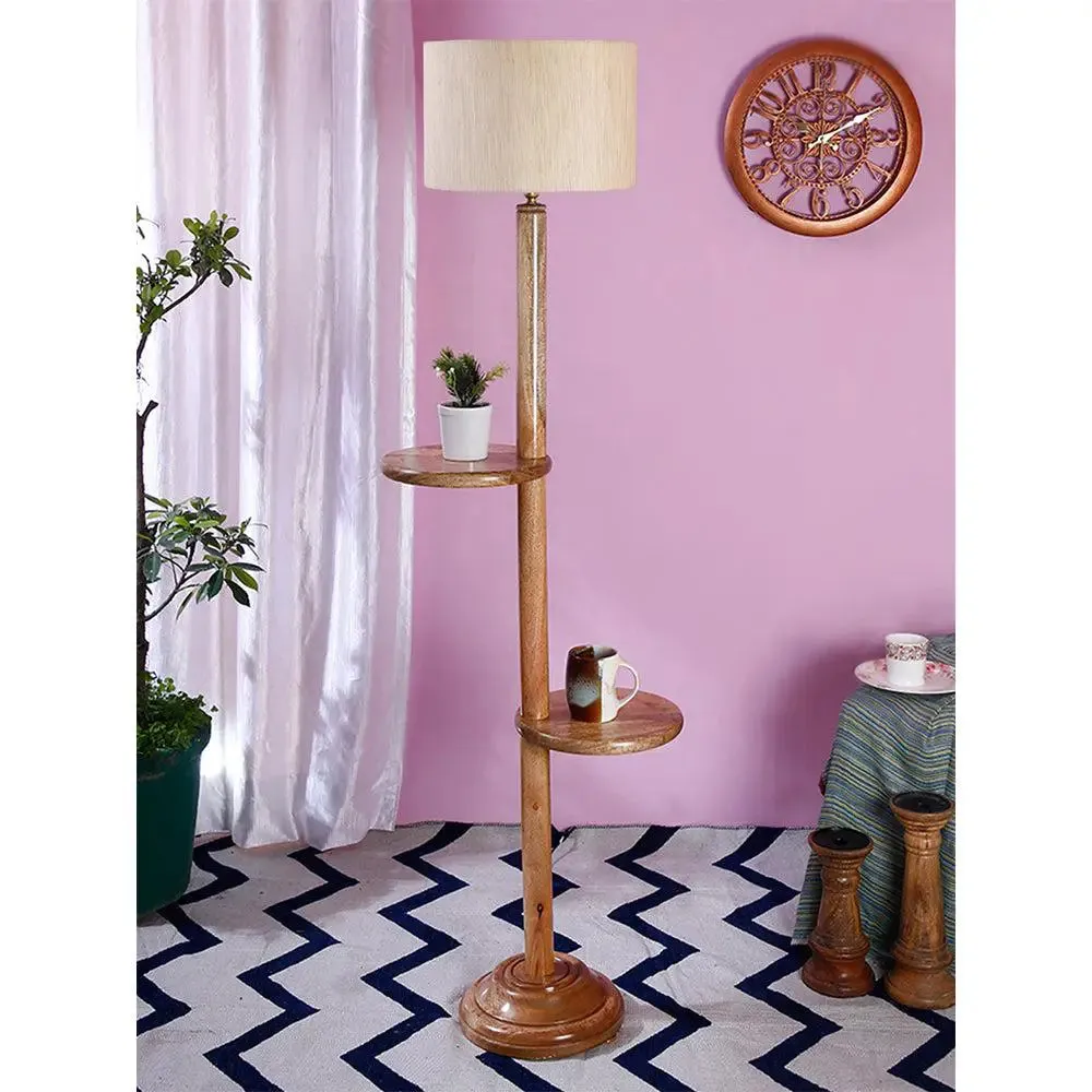 Natural Wood Dual Table Floor Lamp With Cotton Shade Red