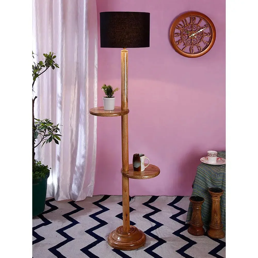 Natural Wood Dual Table Floor Lamp With Cotton Shade Red