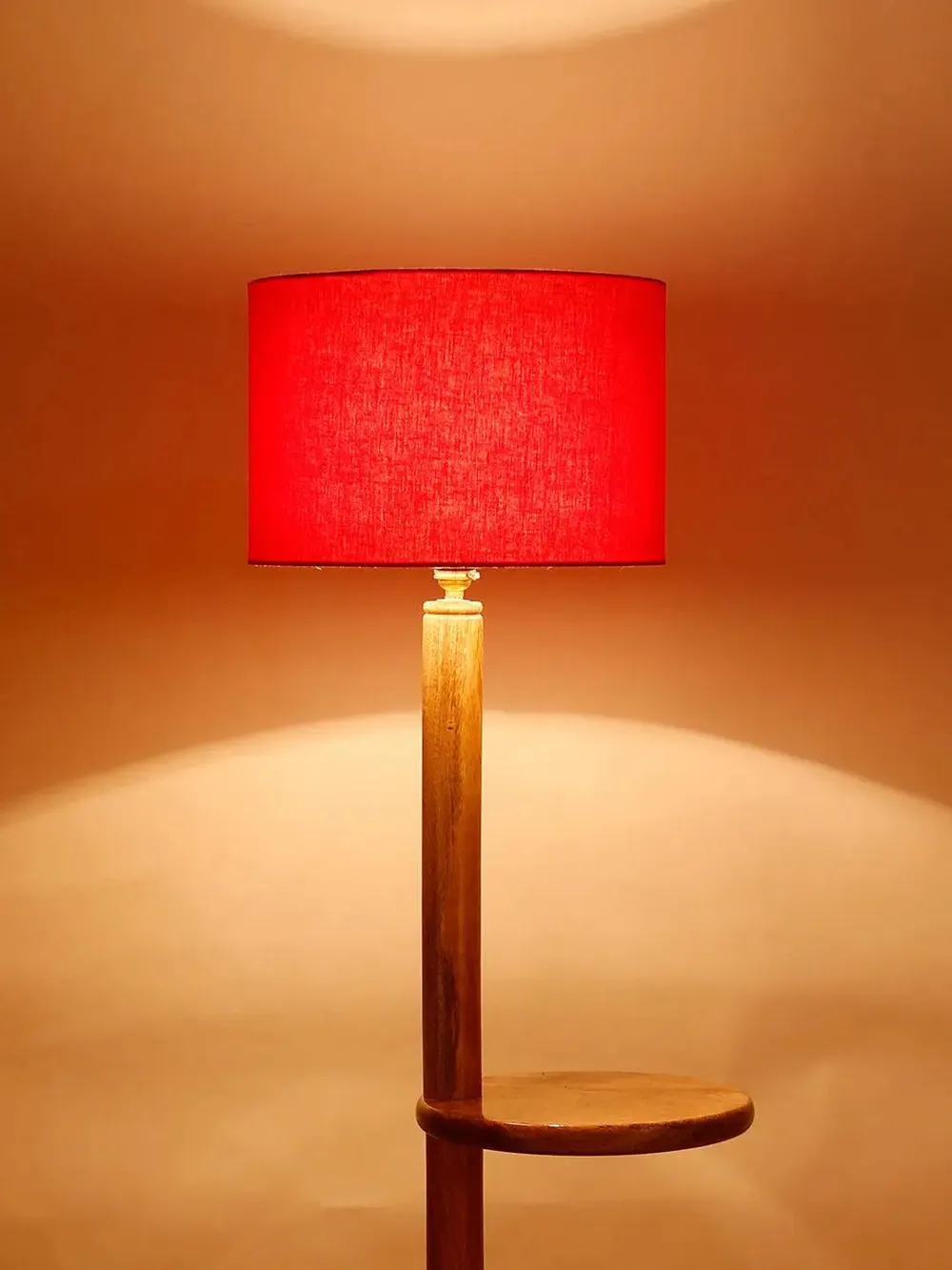 Natural Wood Dual Table Floor Lamp With Cotton Shade Red