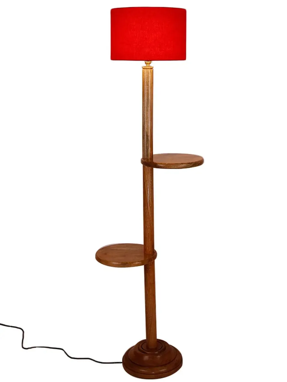 Natural Wood Dual Table Floor Lamp With Cotton Shade Red