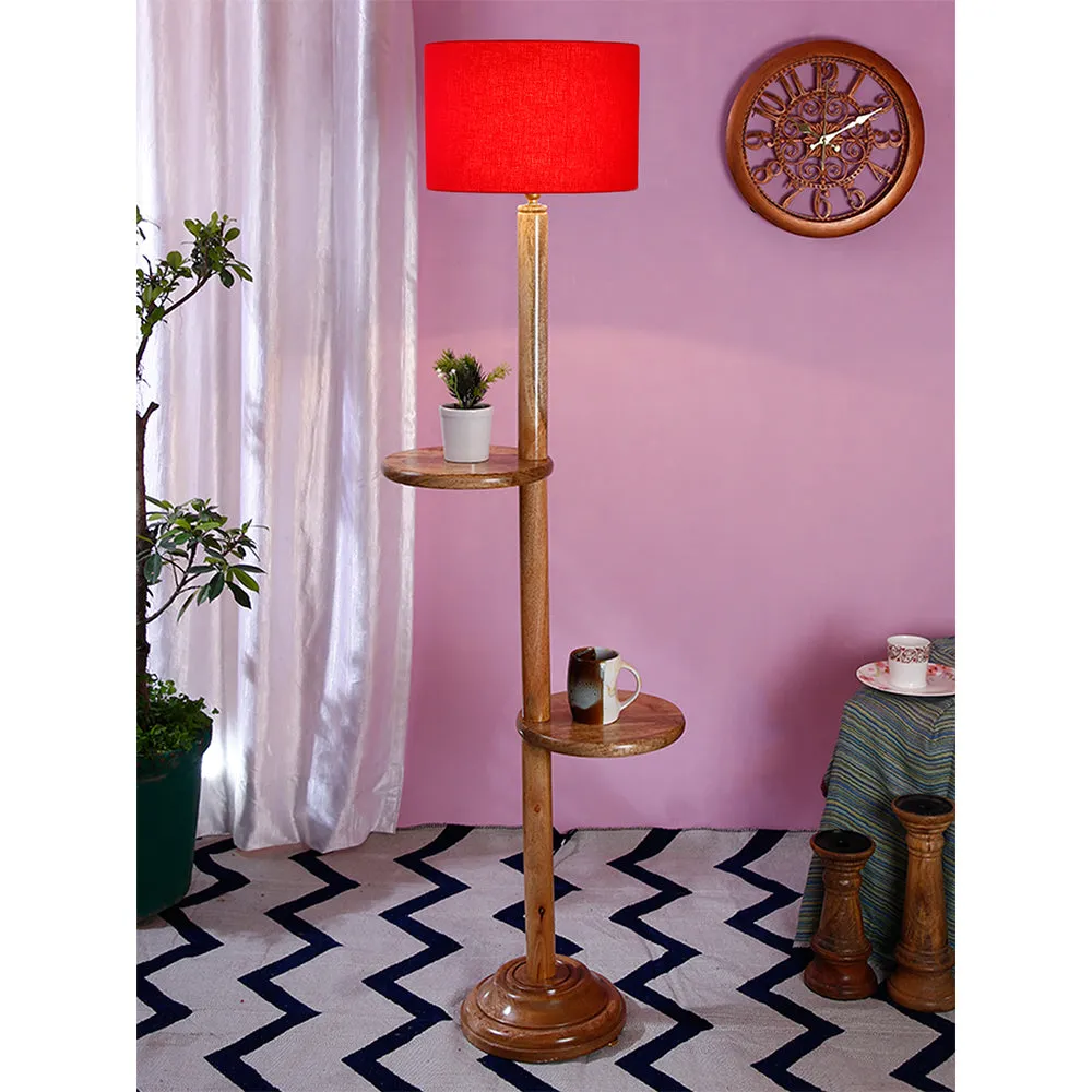 Natural Wood Dual Table Floor Lamp With Cotton Shade Red