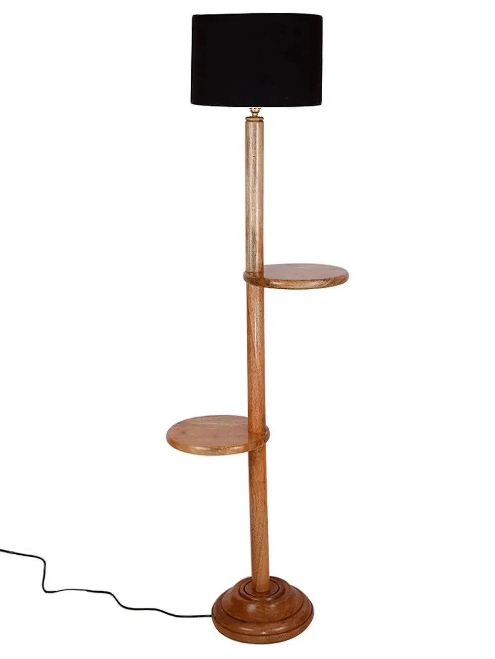 Natural Wood Dual Table Floor Lamp With Cotton Shade Red