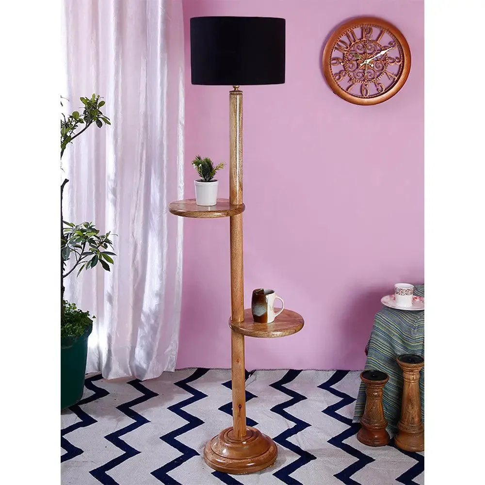Natural Wood Dual Table Floor Lamp With Cotton Shade Red