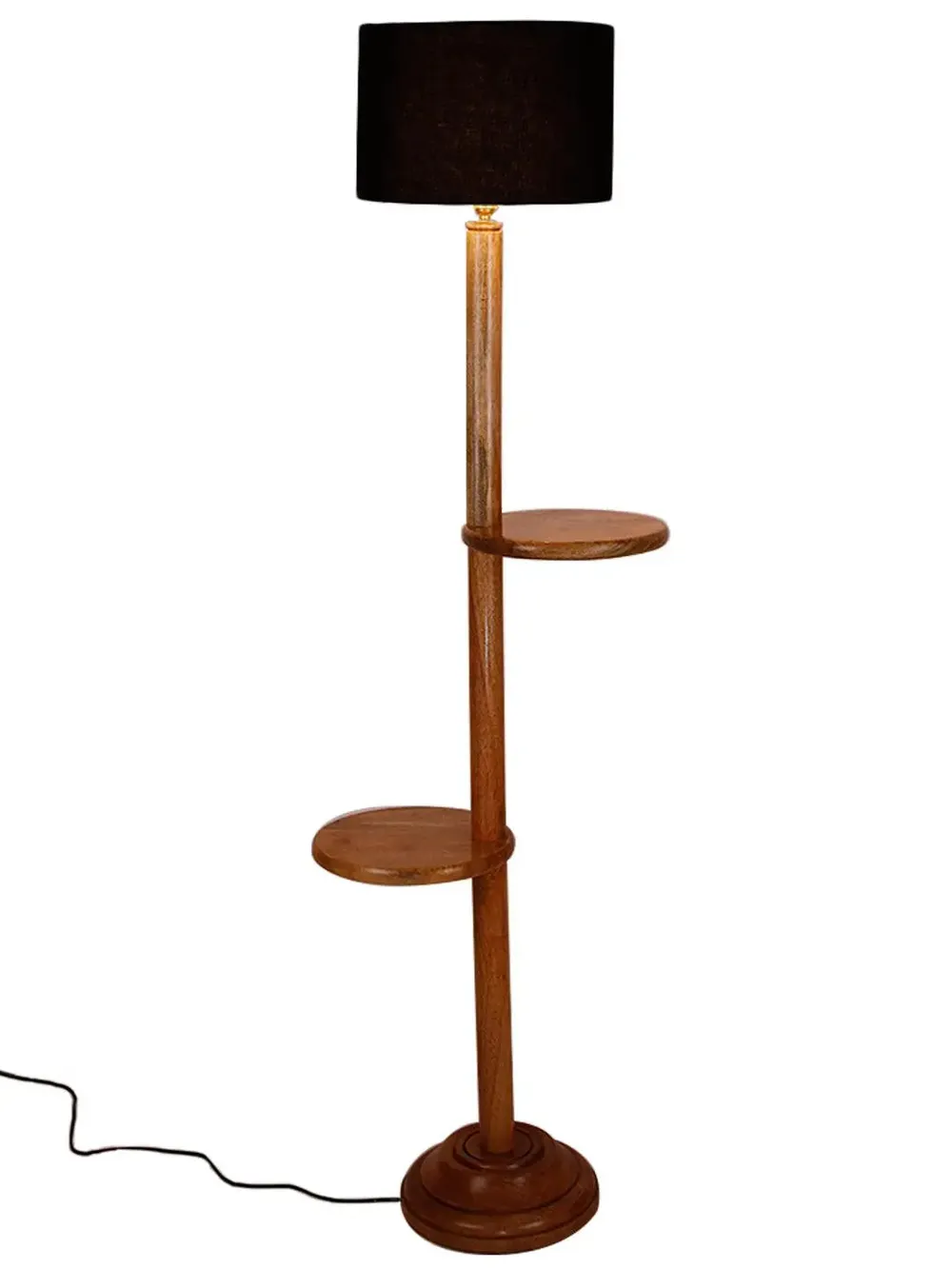 Natural Wood Dual Table Floor Lamp With Cotton Shade Red