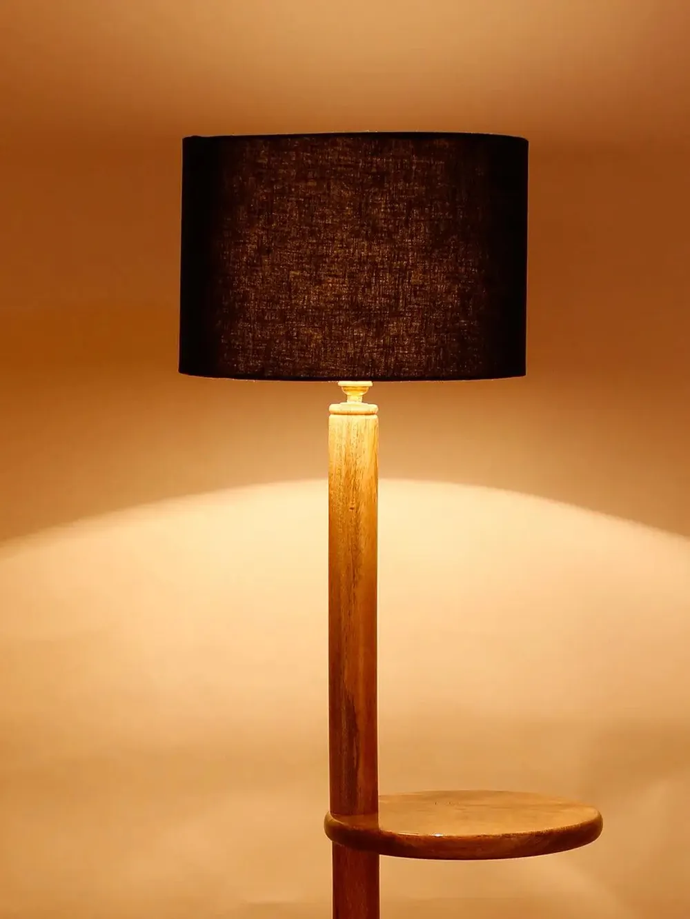 Natural Wood Dual Table Floor Lamp With Cotton Shade Red