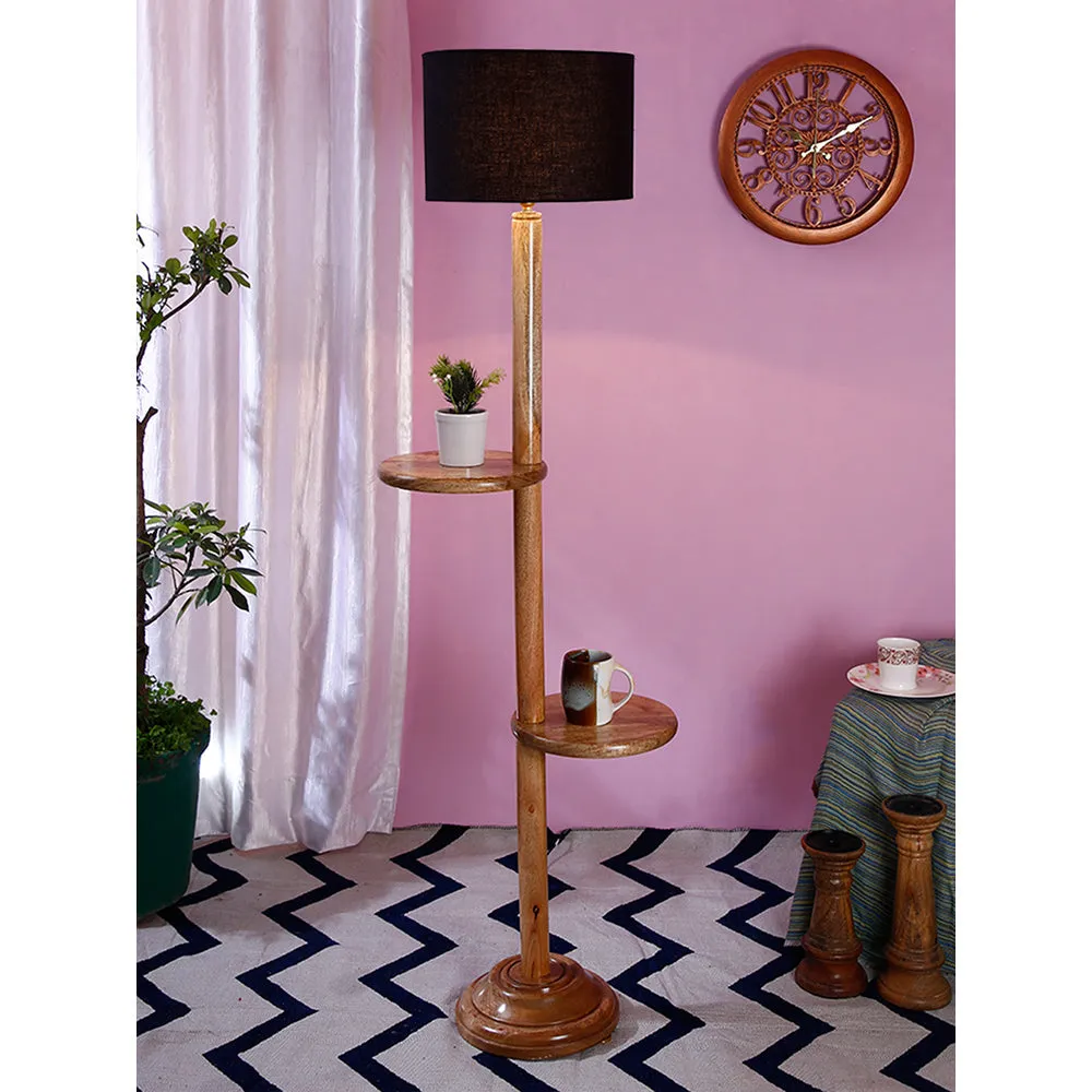 Natural Wood Dual Table Floor Lamp With Cotton Shade Red